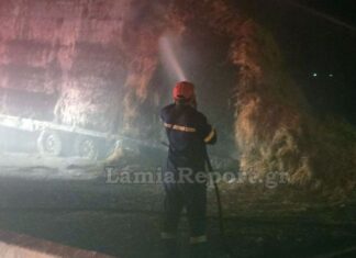 Νταλίκα φορτωμένη με άχυρα έπιασε φωτιά στον Ε65 – Δείτε εικόνες